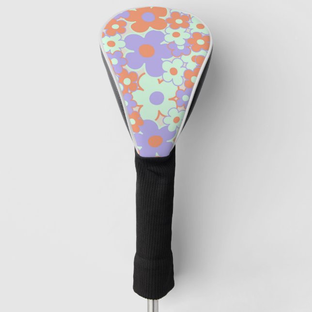 Orange Purple Blue Retro Y2K 70s Flower Pattern Golf Head Cover (Front)