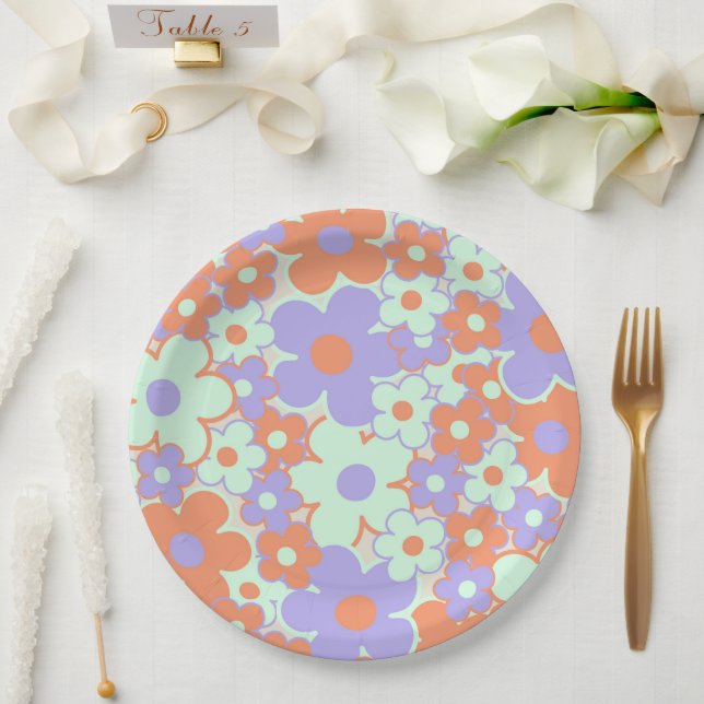 Orange Purple Blue Retro Y2K 70s Flower Pattern Paper Plate (Wedding)