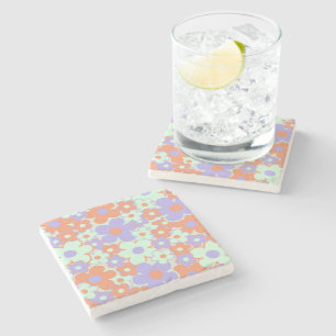 Orange Purple Blue Retro Y2K 70s Flower Pattern Stone Coaster