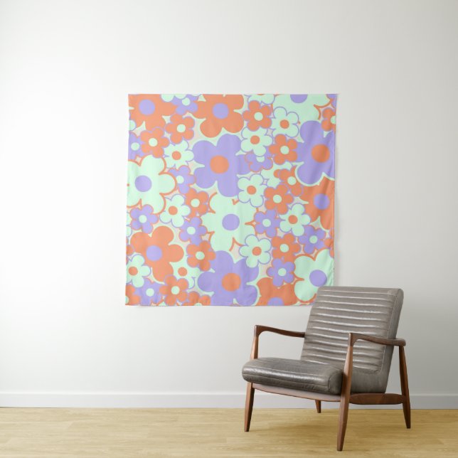Orange Purple Blue Retro Y2K 70s Flower Pattern Tapestry (In Situ)