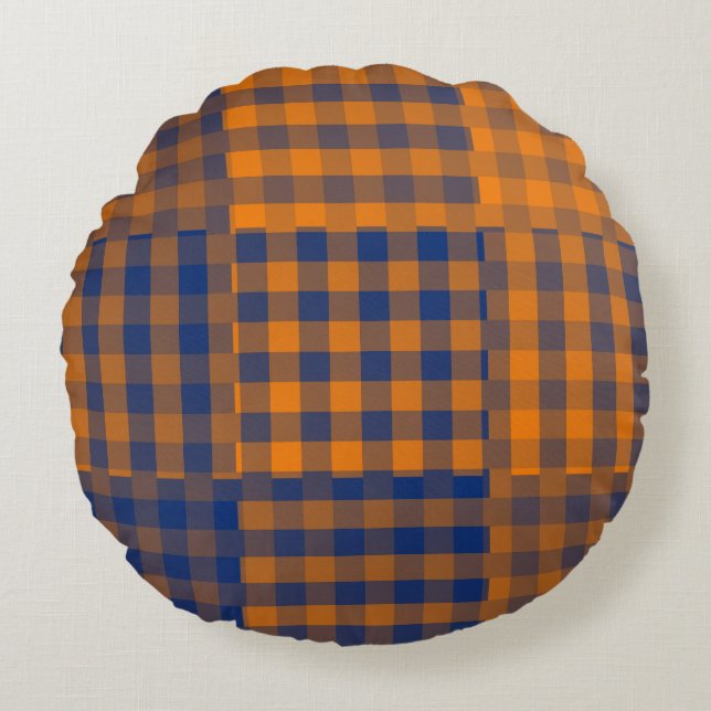 Orange Purple Chequered Patchwork Pattern Round Cushion (Front)