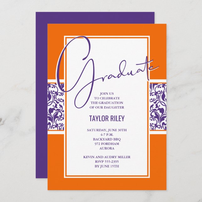 Orange Purple Damask Graduation Invitation (Front/Back)