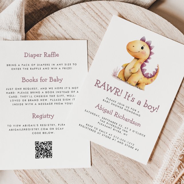 Orange Purple Dinosaur QR Code Boy Baby Shower Invitation (Creator Uploaded)