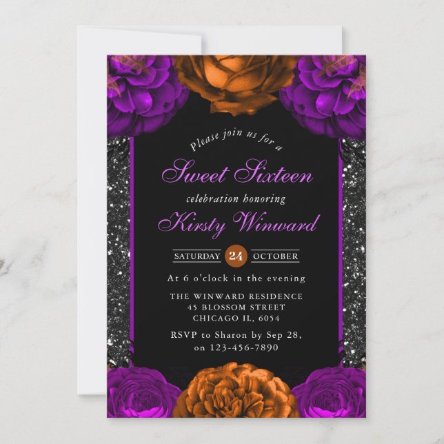 Orange & Purple Fall Flowers Halloween Sweet 16 Invitation (Front)