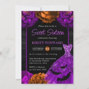 Orange & Purple Floral Dress Halloween Sweet 16 Invitation