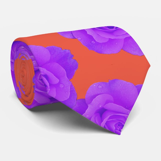 Orange Purple Floral Rose Modern Gift Favor Tie (Rolled)