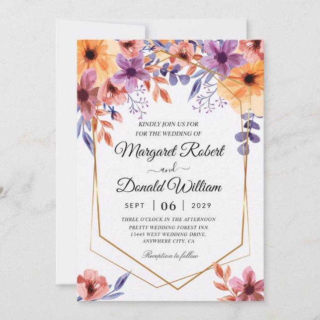 orange purple floral wedding invitations (Front)