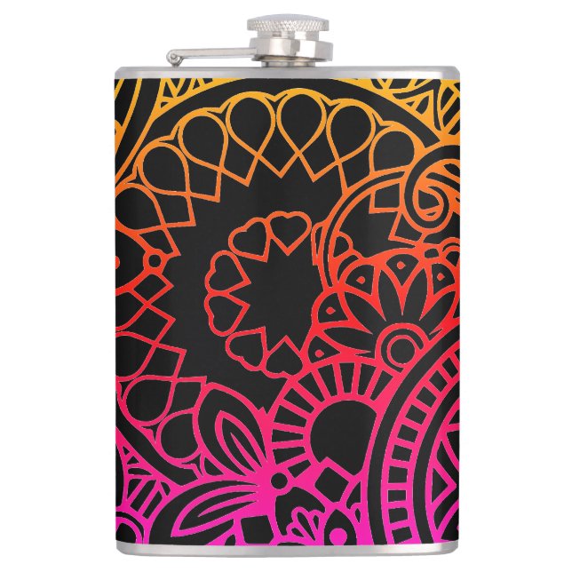 Orange Purple Flowers and Black Background Hip Flask (Front)