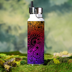 Orange Purple Flowers and Black Background Water Bottle