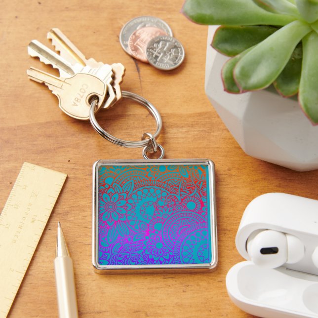 Orange Purple Flowers and  Blue Background Key Ring (Desk)