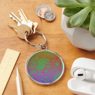 Orange Purple Flowers and Light Green Background Key Ring