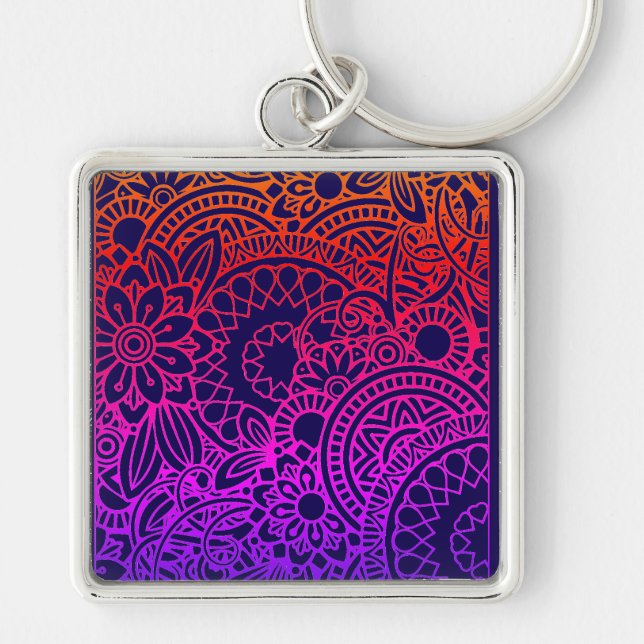 Orange Purple Flowers and  Navy Blue Background  Key Ring (Front)
