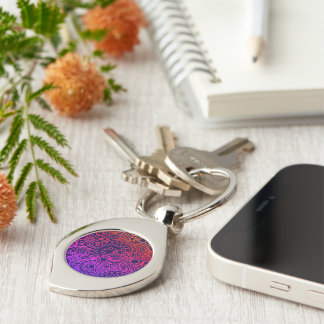 Orange Purple Flowers and Navy Blue Background Key Ring
