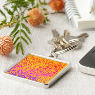 Orange Purple Flowers and  Yellow Background K Key Ring