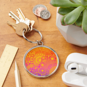 Orange Purple Flowers and Yellow Background K Key Ring