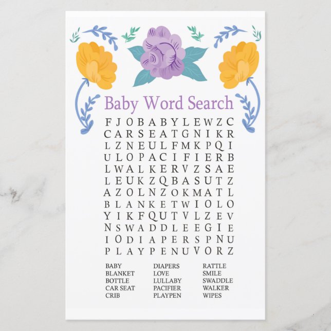 Orange Purple Flowers Baby Shower Word Search Game (Front)