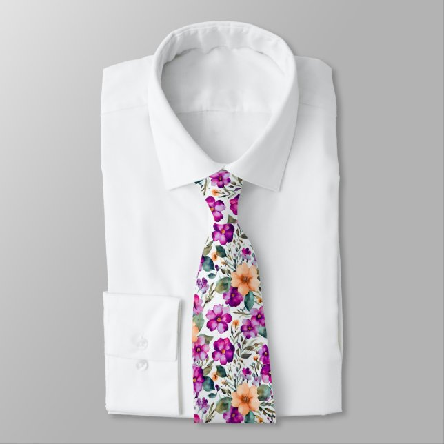 Orange Purple Flowers Floral Pattern Tie (Tied)