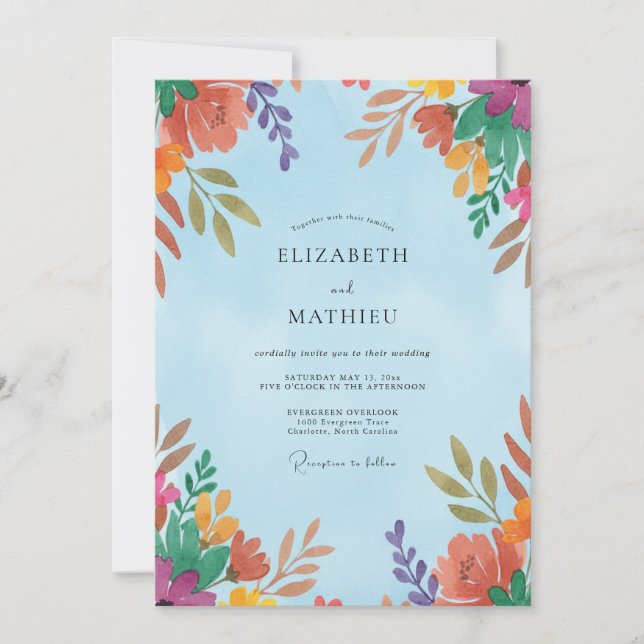 Orange Purple Foliage Eucalyptus Wedding Invitation (Front)