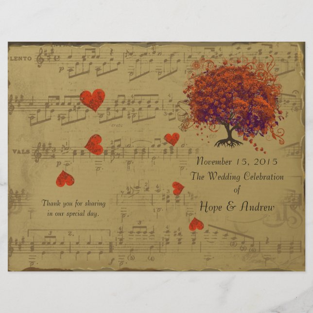 Orange & Purple Heart Leaf Tree Wedding Program (Front)