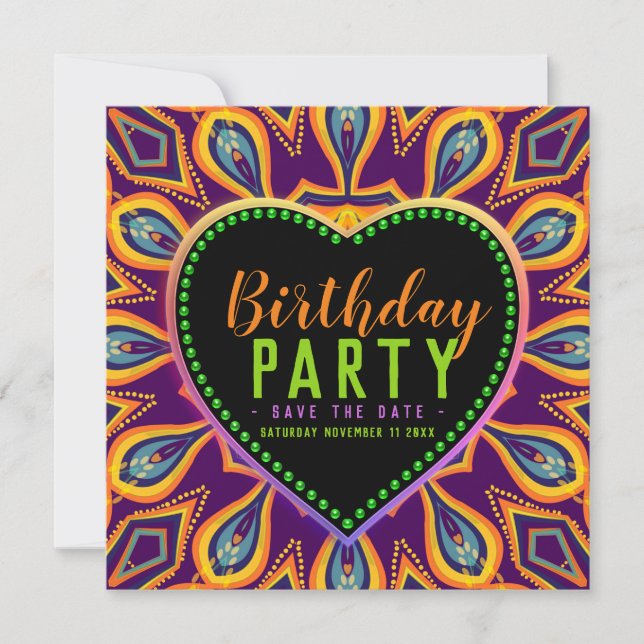 Orange Purple Hippie Child Bohemian Themed Party Save The Date (Front)