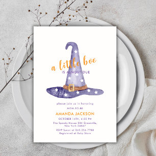 Orange Purple Little Boo Witch Hat Baby Shower Invitation