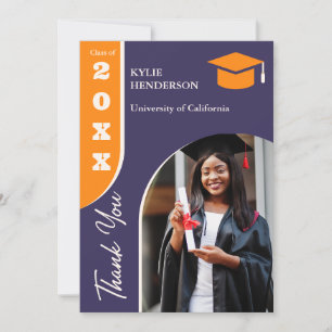 Orange Purple Modern Graduation Photo Thank You Card
