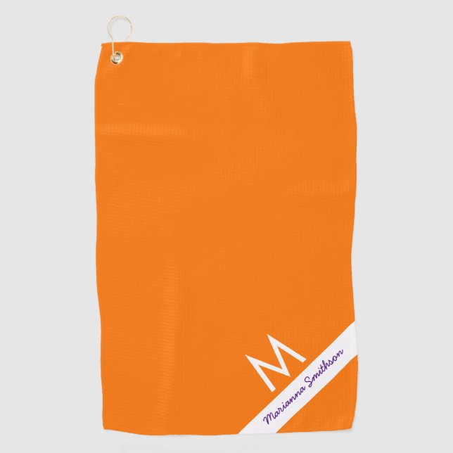 Orange Purple Monogram Name Modern Custom Golf Towel (Front)
