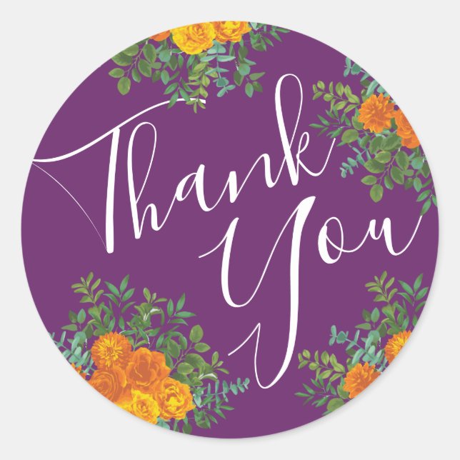 Orange & Purple Plum Peony & Rose Floral Wedding Classic Round Sticker (Front)