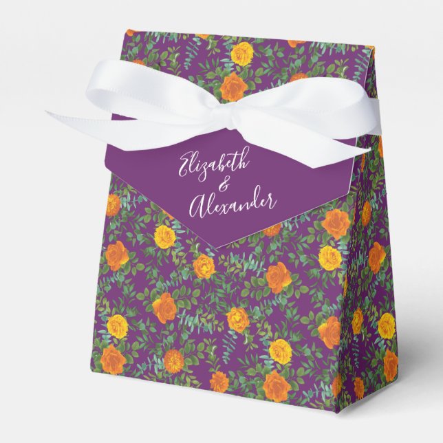 Orange & Purple Plum Peony & Rose Floral Wedding Favour Box (Front Side)