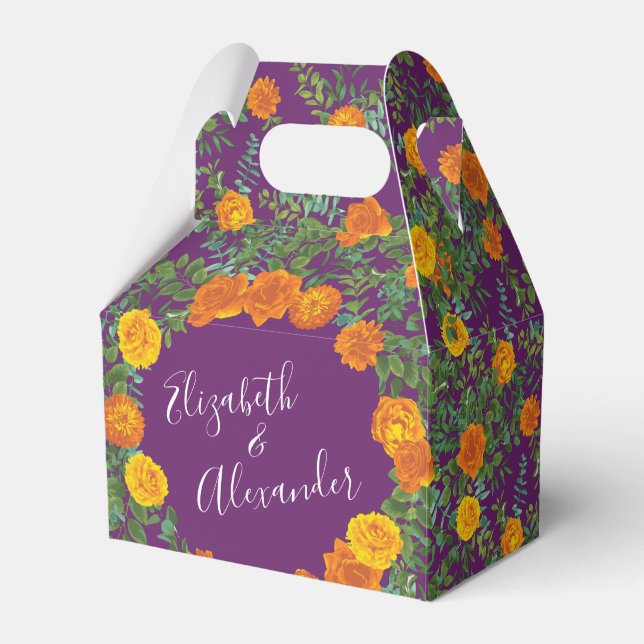 Orange & Purple Plum Peony & Rose Floral Wedding Favour Box (Front Side)