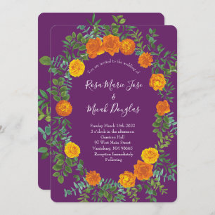 Orange Purple Plum Peony Rose Floral Wedding Invitation