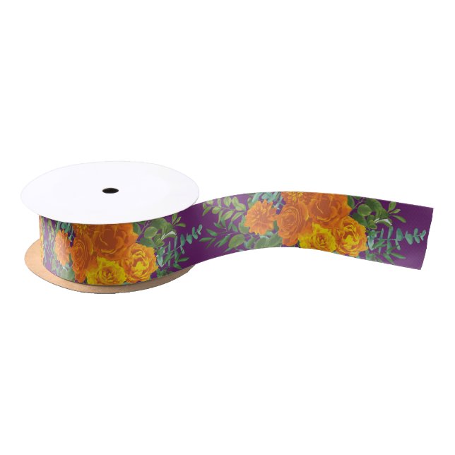 Orange & Purple Plum Peony & Rose Floral Wedding Satin Ribbon (Spool)