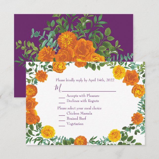 Orange & Purple Plum Peony Rose Invitation Reply (Front/Back)
