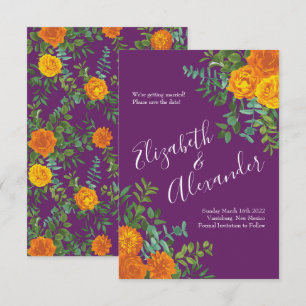 Orange Purple Plum Peony Rose Wedding Save Date Invitation