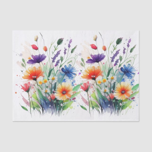 Orange Purple Red Blue Watercolor Flowers Tissue Paper (Front)