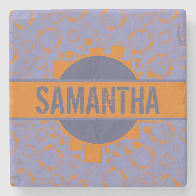Orange Purple Squares Circles Pattern Your Name On Stone Coaster (Front)