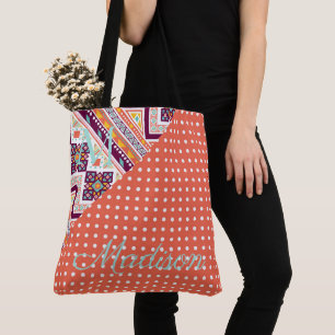 Orange Purple Trendy Dots Aztec Name Monogram Tote Bag