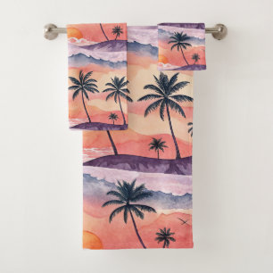 ORANGE & PURPLE WATERCOLOR SUMMER SUNSET BATH TOWEL SET