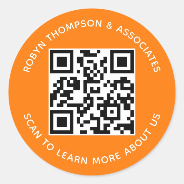 Orange QR Code Stickers Custom Business Name Round (Front)