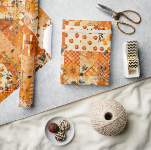 Orange Quilt Gingham Cottagecore Floral Wrapping Paper