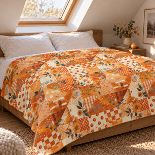 Orange Quilt Patchwork Gingham Cottagecore Floral Fleece Blanket