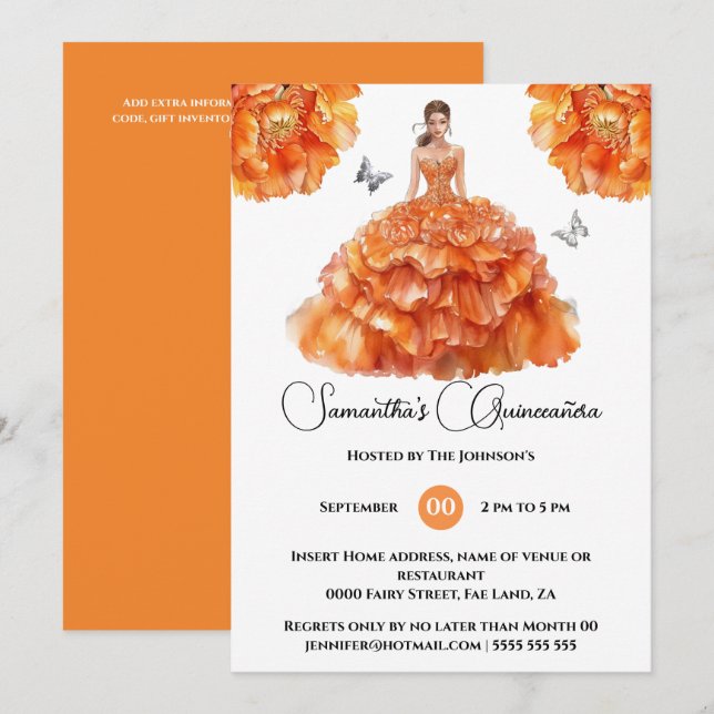 Orange Quinceañera ballgown peony floral flowers Invitation (Front/Back)