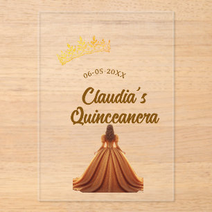 Orange quinceanera princess crown birthday name da acrylic invitations