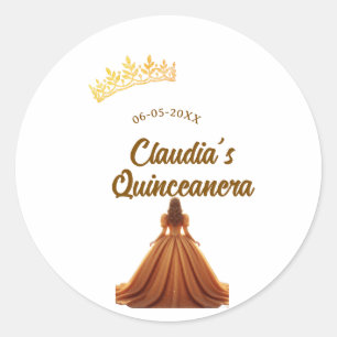 Orange quinceanera princess crown birthday name da classic round sticker