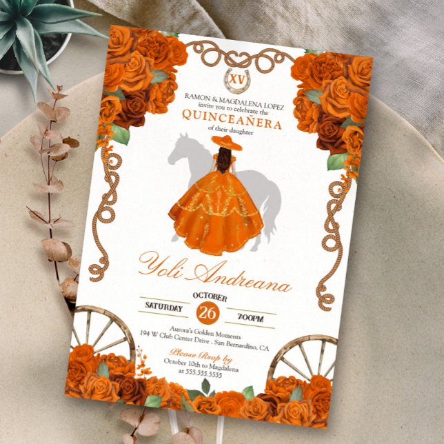 Orange Quinceanera Rustic Western Charra Invitation (Creator Uploaded)
