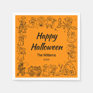 Orange Quirky Hand Drawn Doodles Happy Halloween Napkin