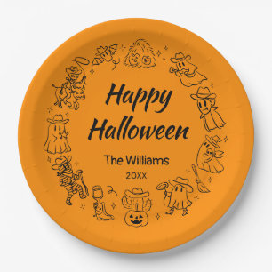 Orange Quirky Hand Drawn Doodles Happy Halloween Paper Plate