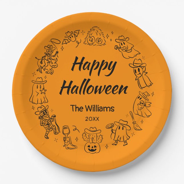 Orange Quirky Hand Drawn Doodles Happy Halloween Paper Plate (Front)