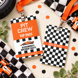 Orange Race Car Vip Pass Pit Crew Birthday Party ID Badge
