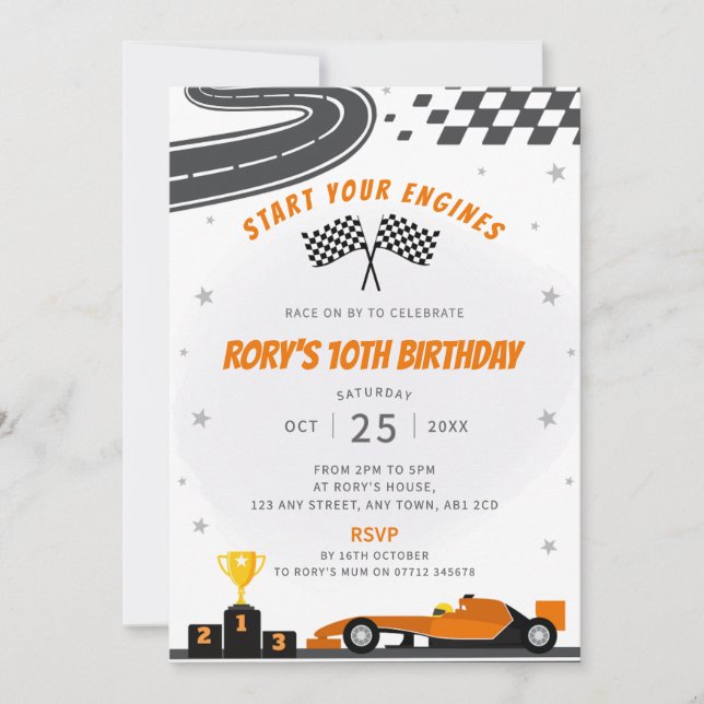 Orange Racing Car Birthday Party Invitation (Front)